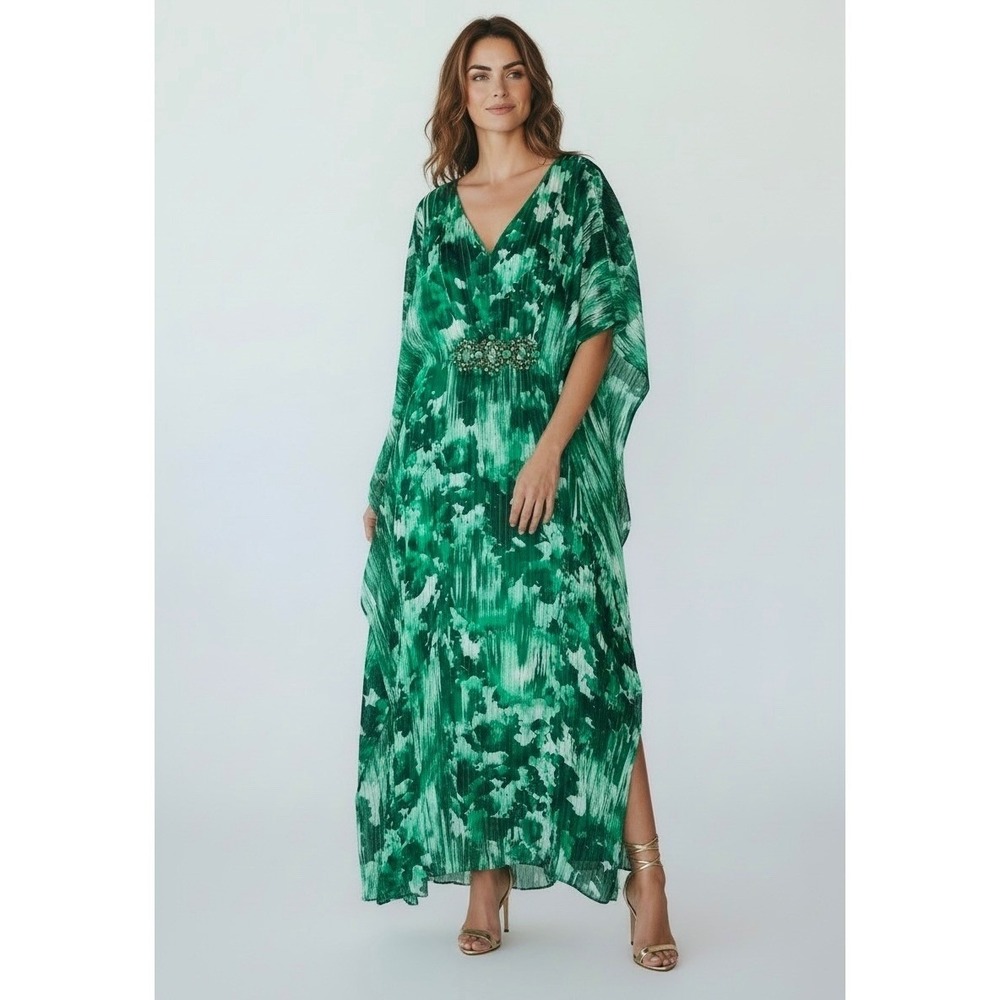 Badgley Mischka VTG 100% Silk Jeweled Caftan Dress Womens S Green Evening Wear